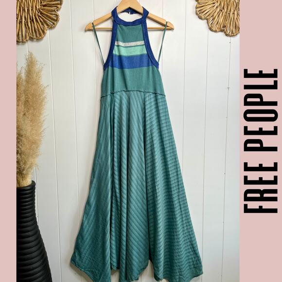 SOLD -E- Free People maxi dress flowy halter cotton blend striped boho - Picture 4 of 8